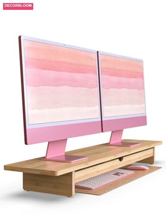 Other - Dual Monitor Stand Riser with Drawer, Natural Bamboo, 99lbs Capacity